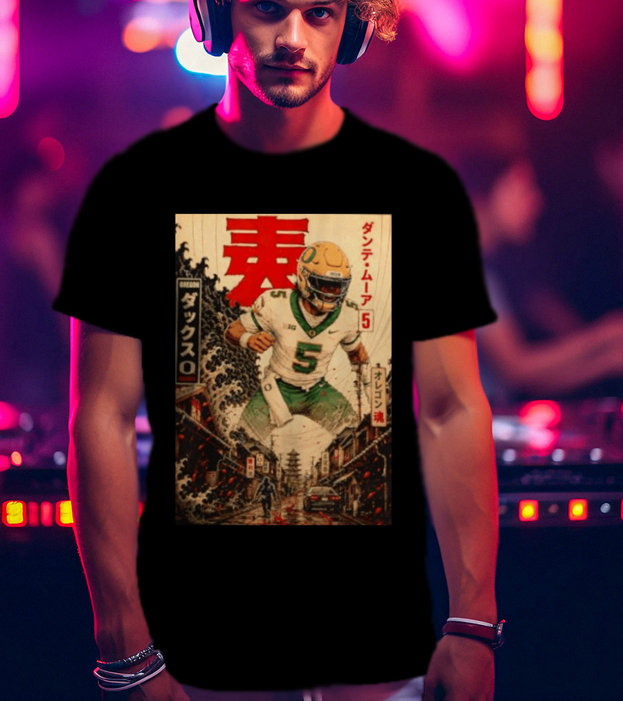 Dante Moore Number 5 Oregon Ducks Football Japanese Art Style Rugged City Scene T-Shirt