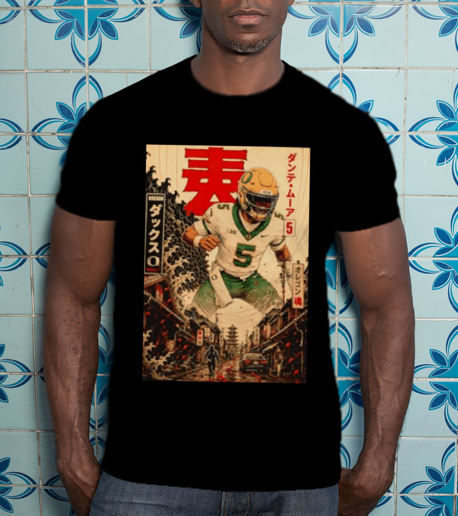 Dante Moore Number 5 Oregon Ducks Football Japanese Art Style Rugged City Scene T-Shirt