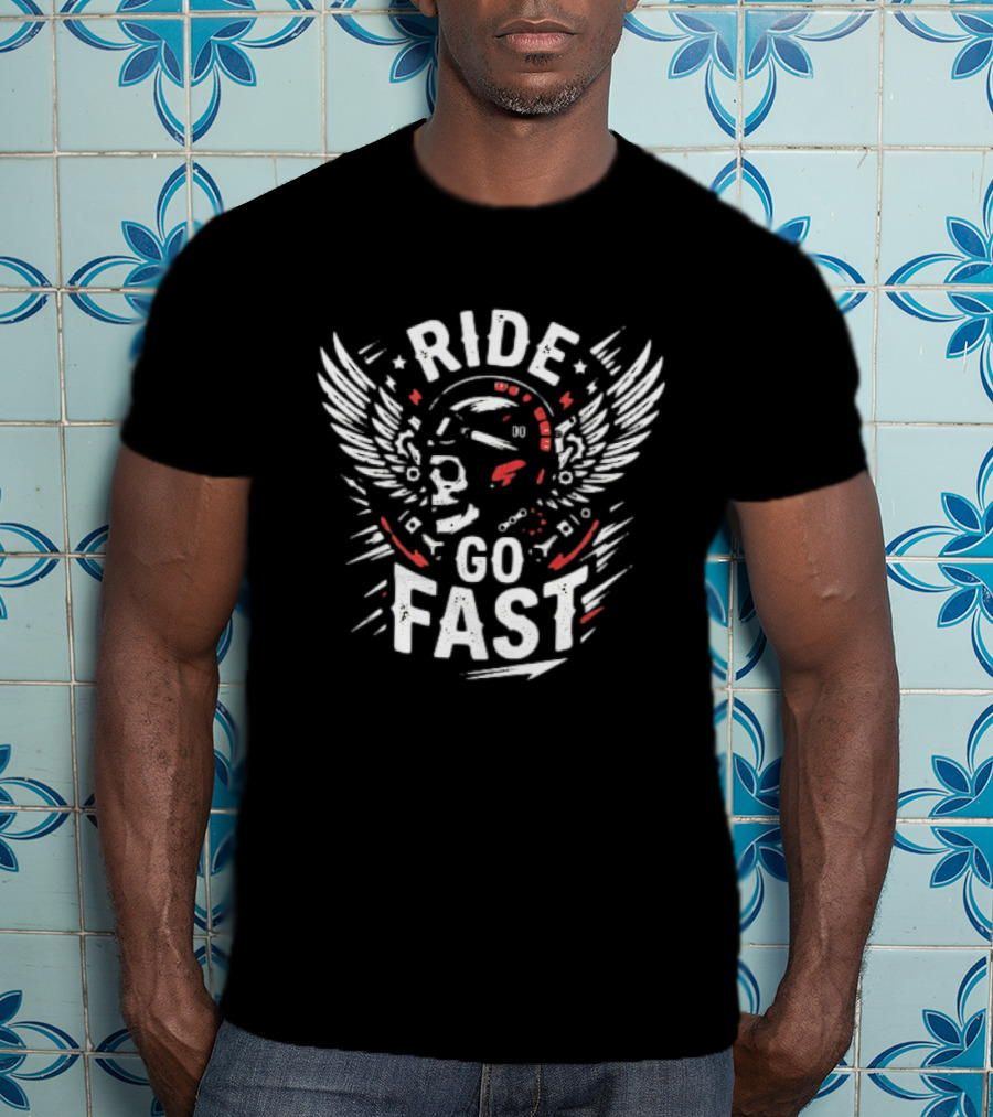 Ride Go Fast Motorcycle Rider Skull Helmet Wings T-Shirt