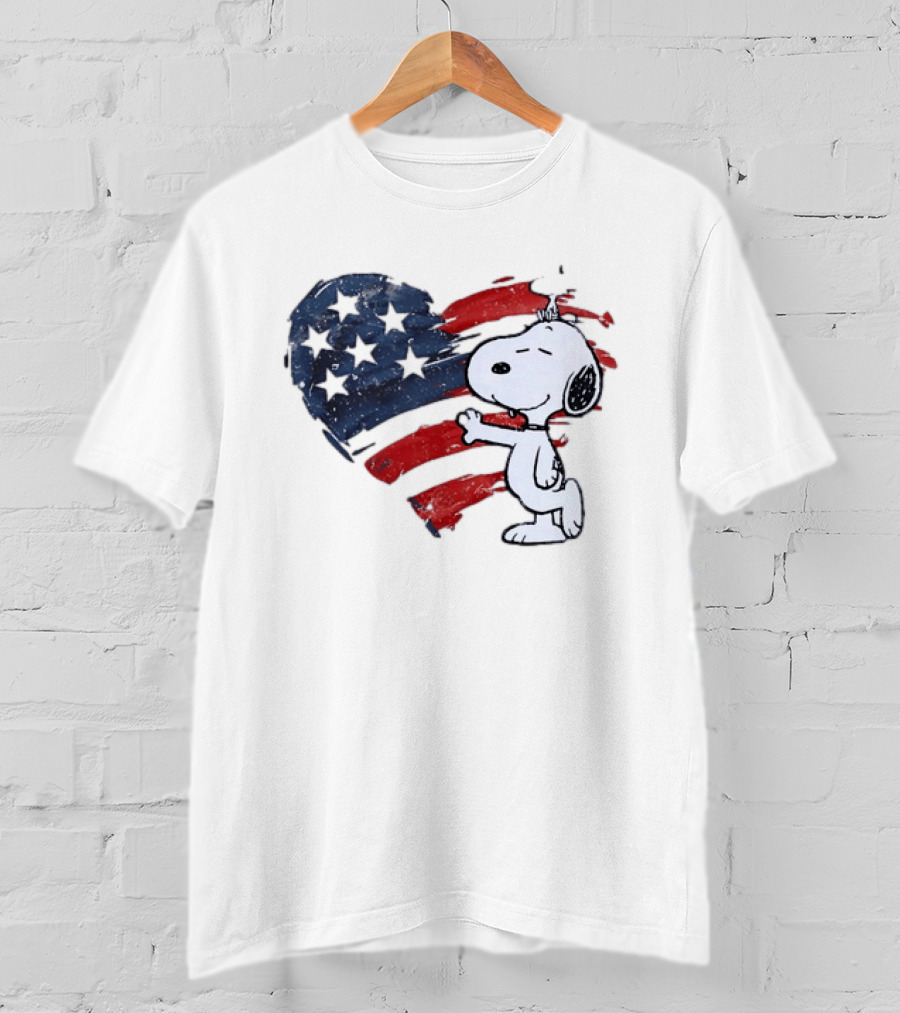 Snoopy Woodstock American Flag Heart Hug T-Shirt