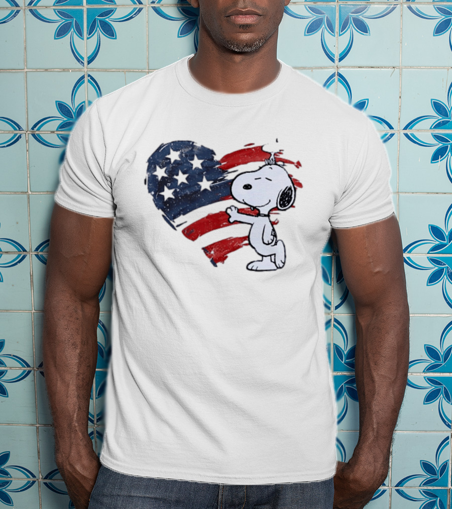 Snoopy Woodstock American Flag Heart Hug T-Shirt