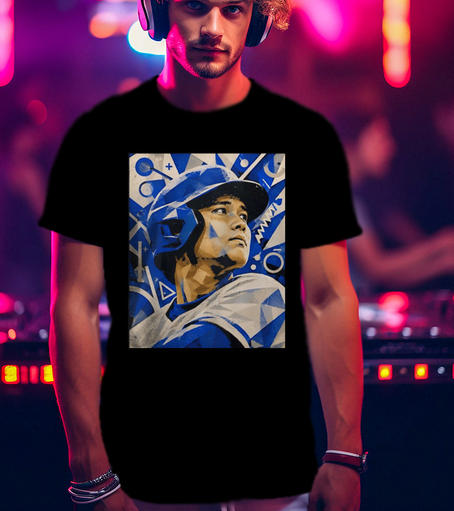 Baseball Player In Geometric Blue Abstract T-Shirt