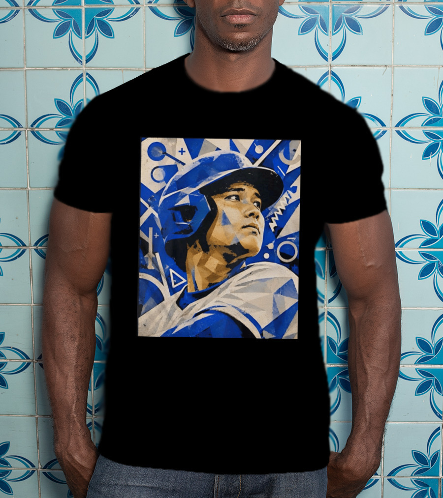Baseball Player In Geometric Blue Abstract T-Shirt