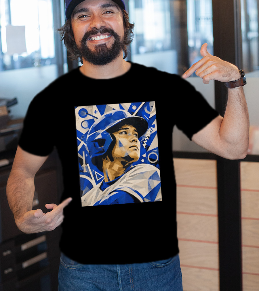 Baseball Player In Geometric Blue Abstract T-Shirt