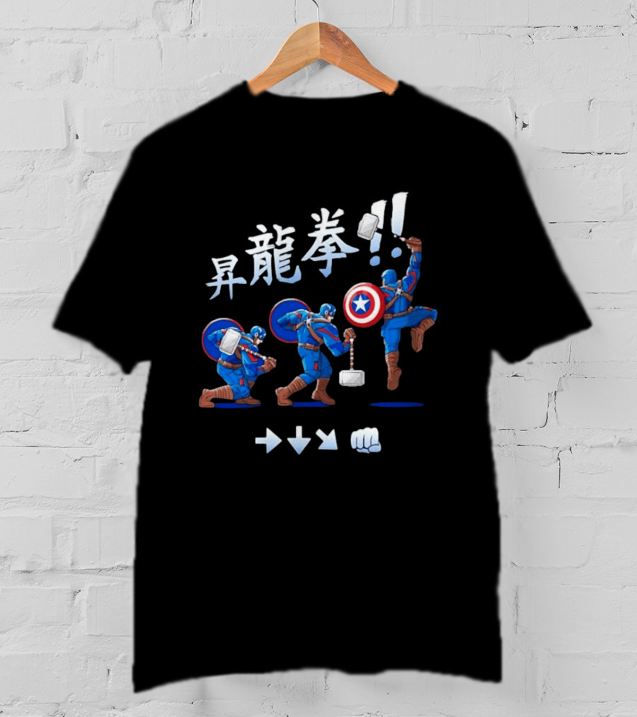 Captain America Marvel Shoryuken Combo Move Hammer And Shield Action T-Shirt