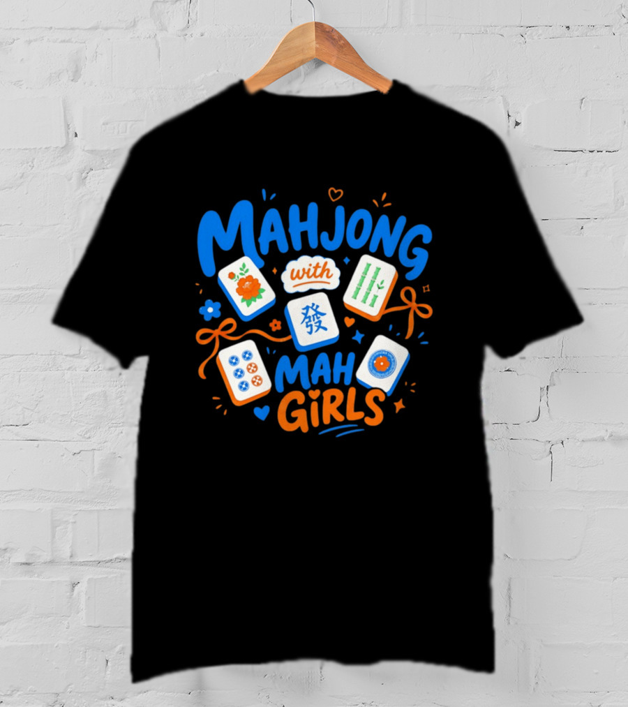 Mahjong With Mah Girls Flower And Bamboo Tiles Game Night T-Shirt