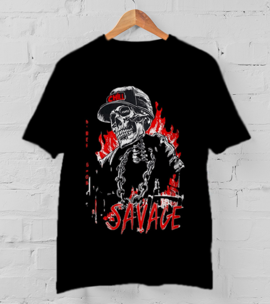 Street Ghost Chill Savage Skeleton Flames Red Black Chain T-Shirt