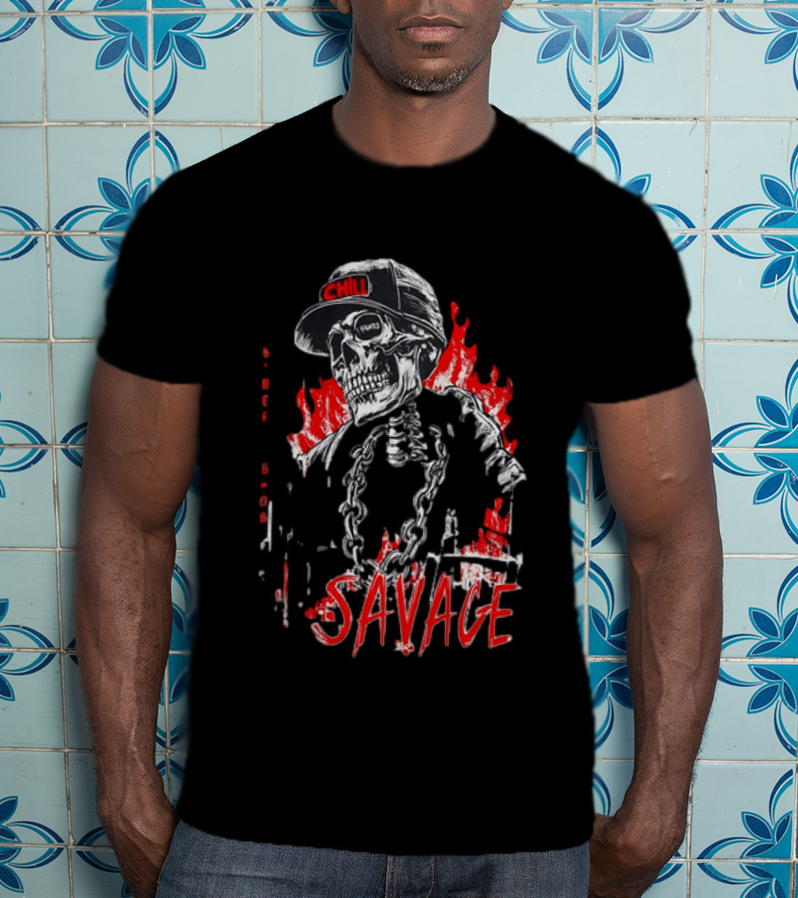 Street Ghost Chill Savage Skeleton Flames Red Black Chain T-Shirt