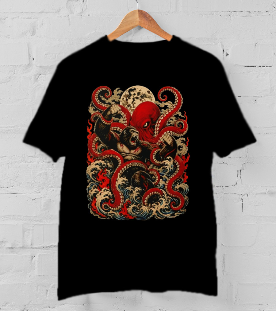 Tokyo Kaiju Octopus Vs Gorilla Battle Waves And Moon Scene T-Shirt
