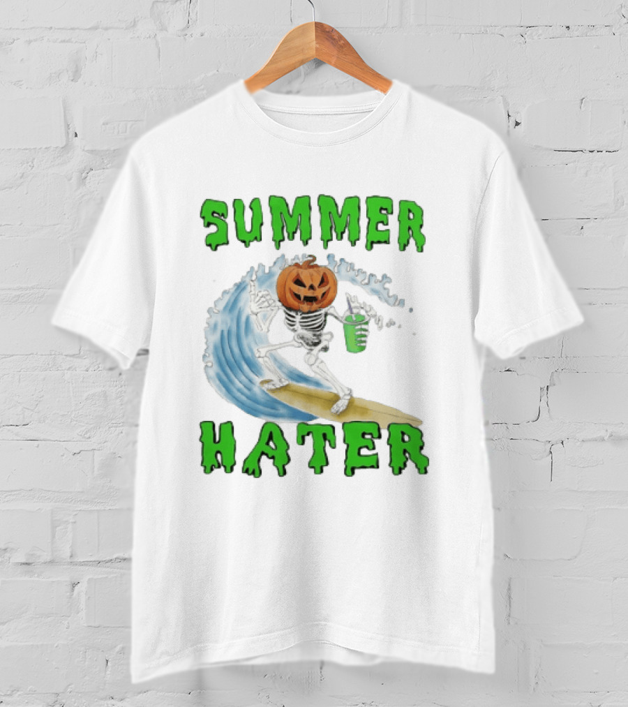 Skeleton With Pumpkin Head Surfing Wave Summer Hater T-Shirt