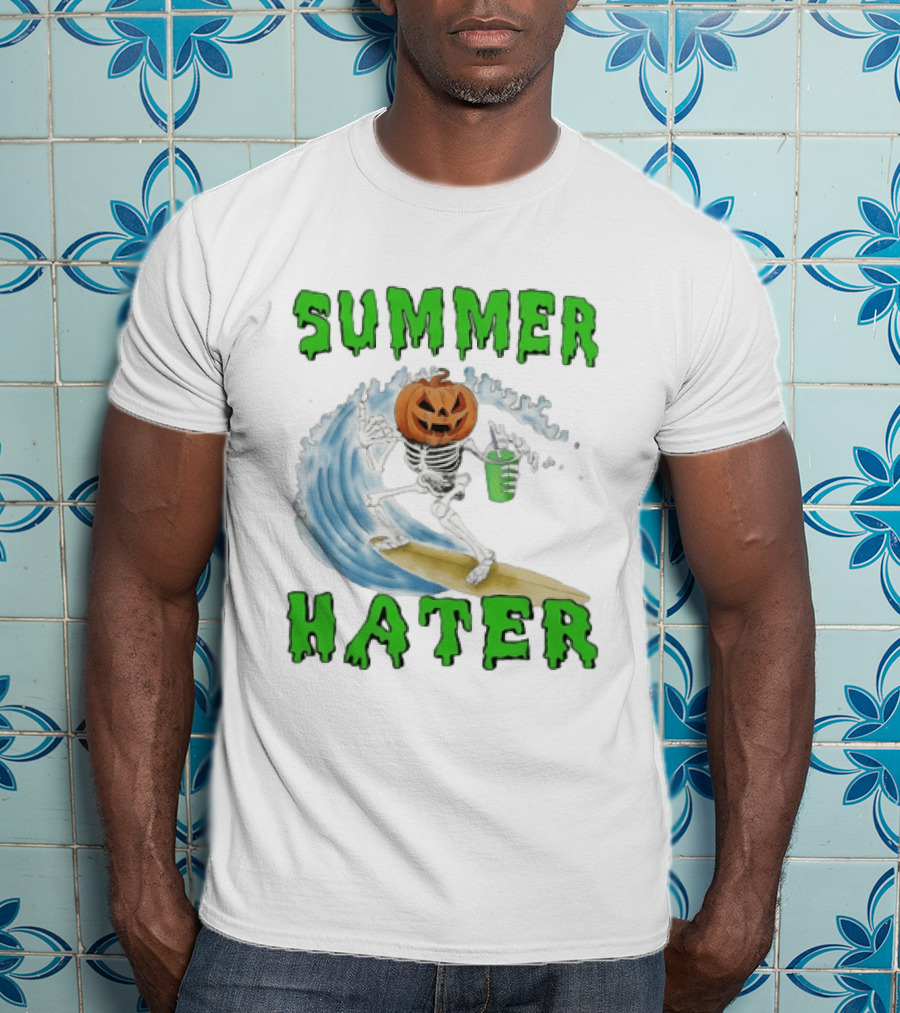 Skeleton With Pumpkin Head Surfing Wave Summer Hater T-Shirt
