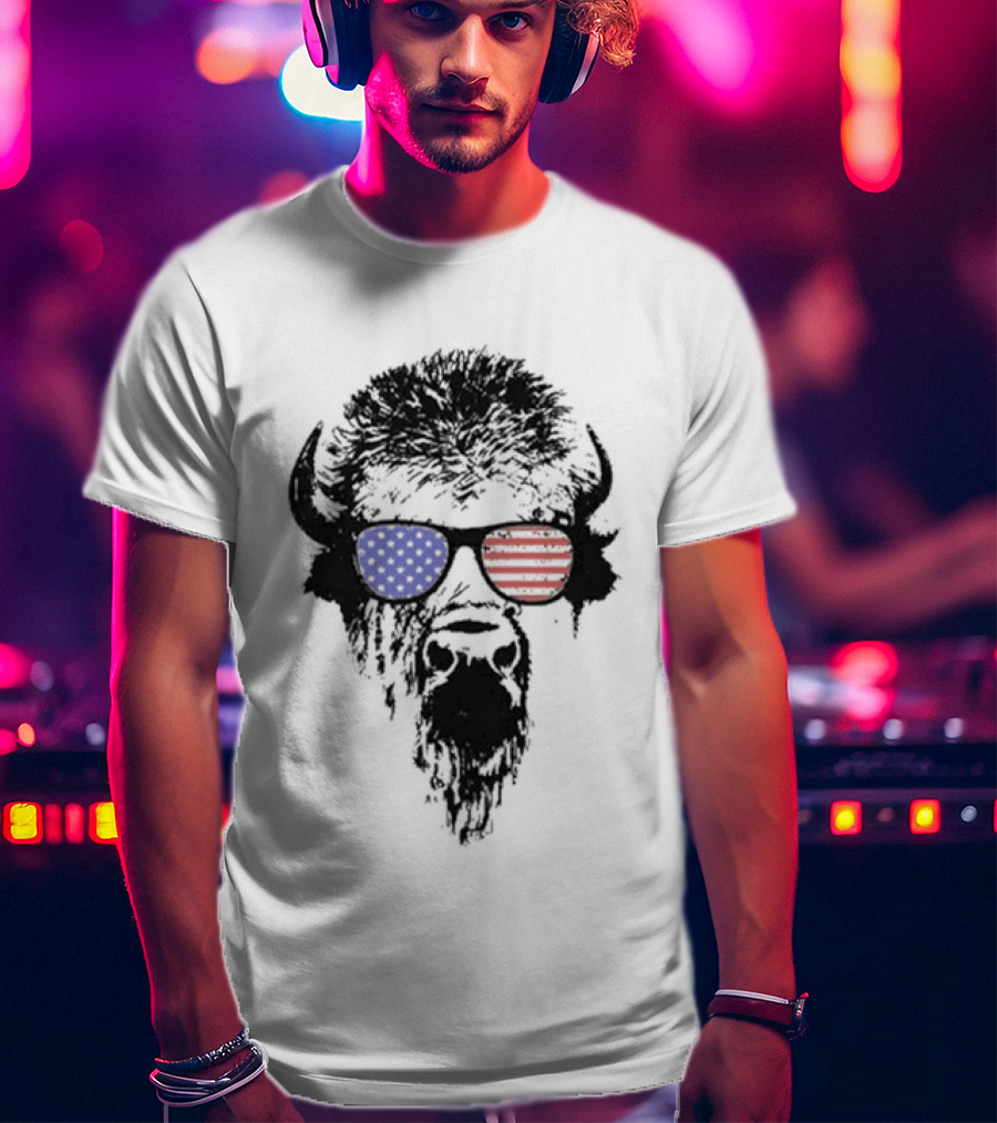 Patriotic Buffalo With USA Flag Red White Blue Sunglasses T-Shirt