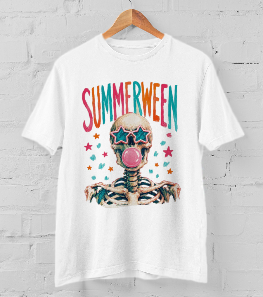 Summerween Skeleton Bubblegum Skull With Star Sunglasses T-Shirt