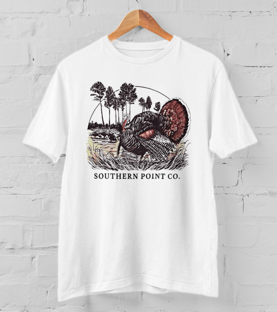 Southern Point Co. Turkey Strutting In The Field With Pine Trees And Horizon Scene T-Shirt