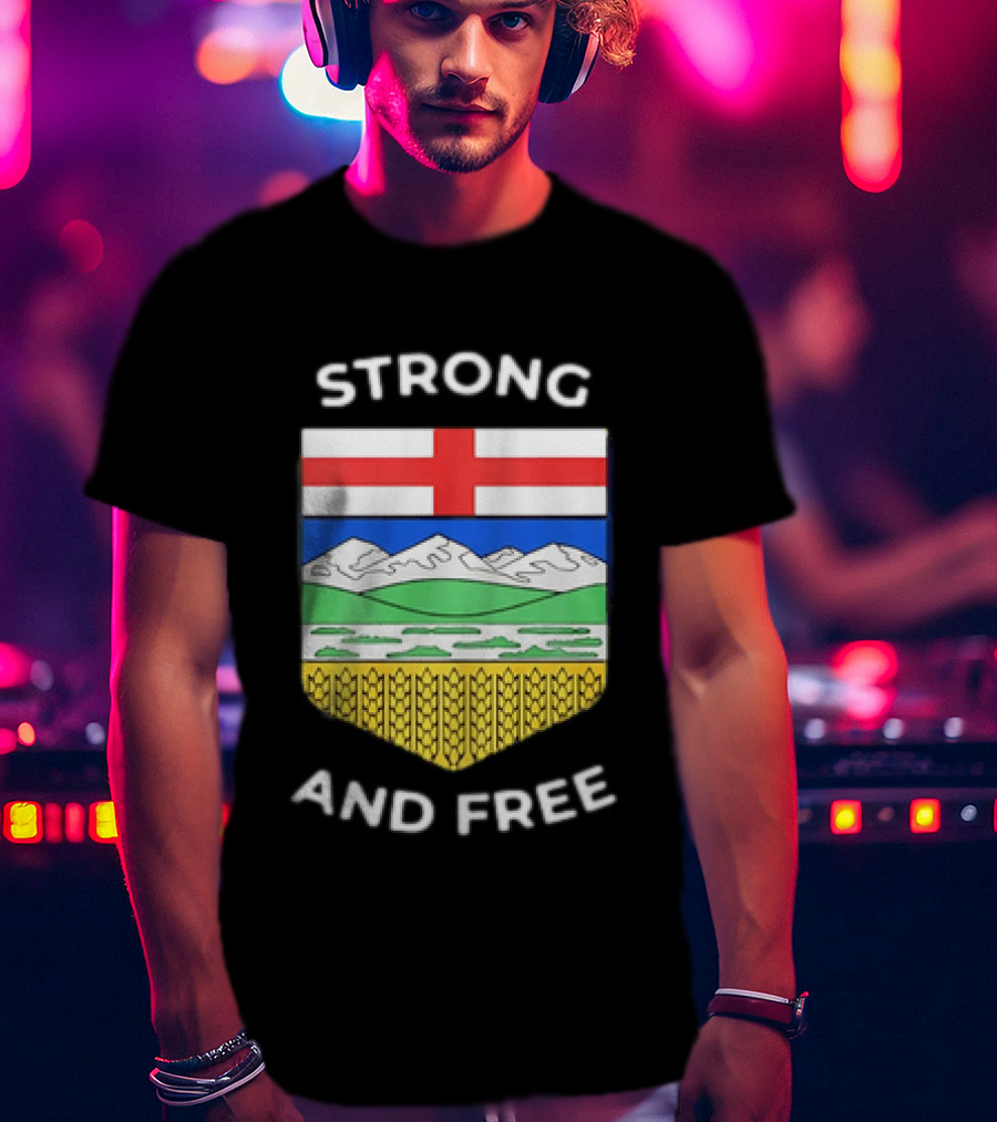 Alberta Canada Map Flag Strong And Free Crest And Wheat Sheaves T-Shirt