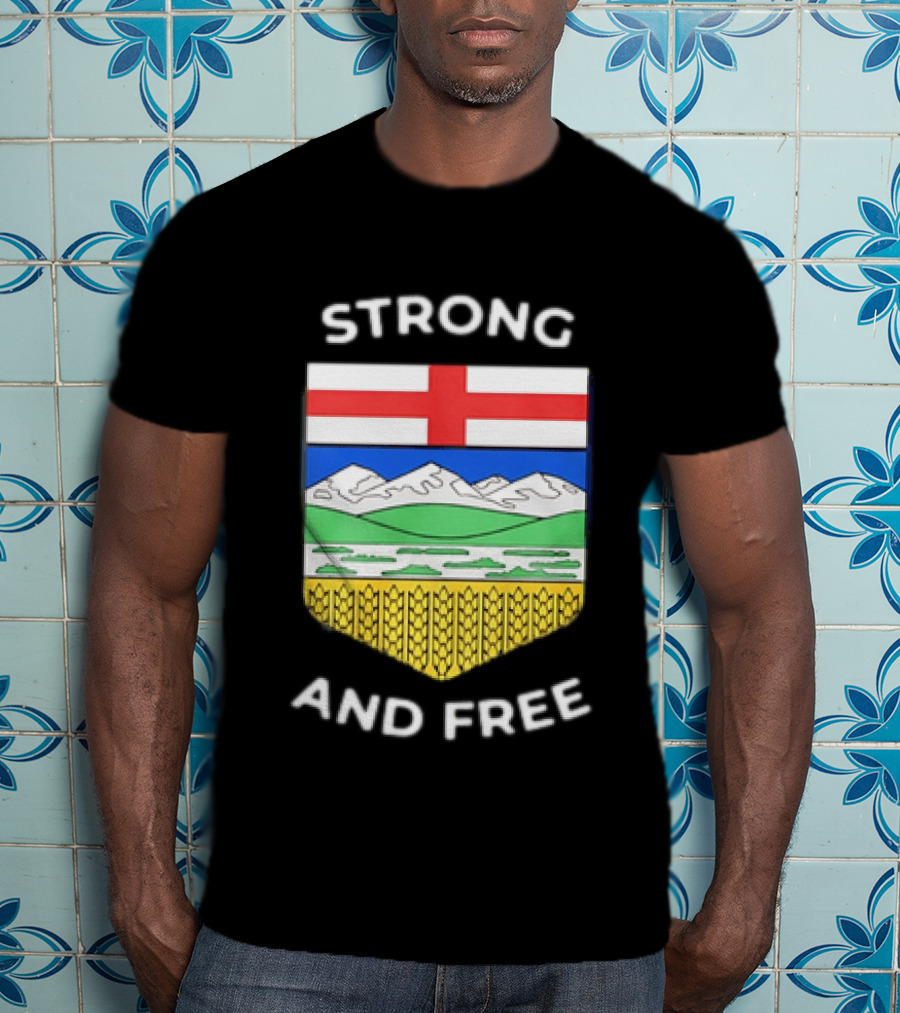 Alberta Canada Map Flag Strong And Free Crest And Wheat Sheaves T-Shirt
