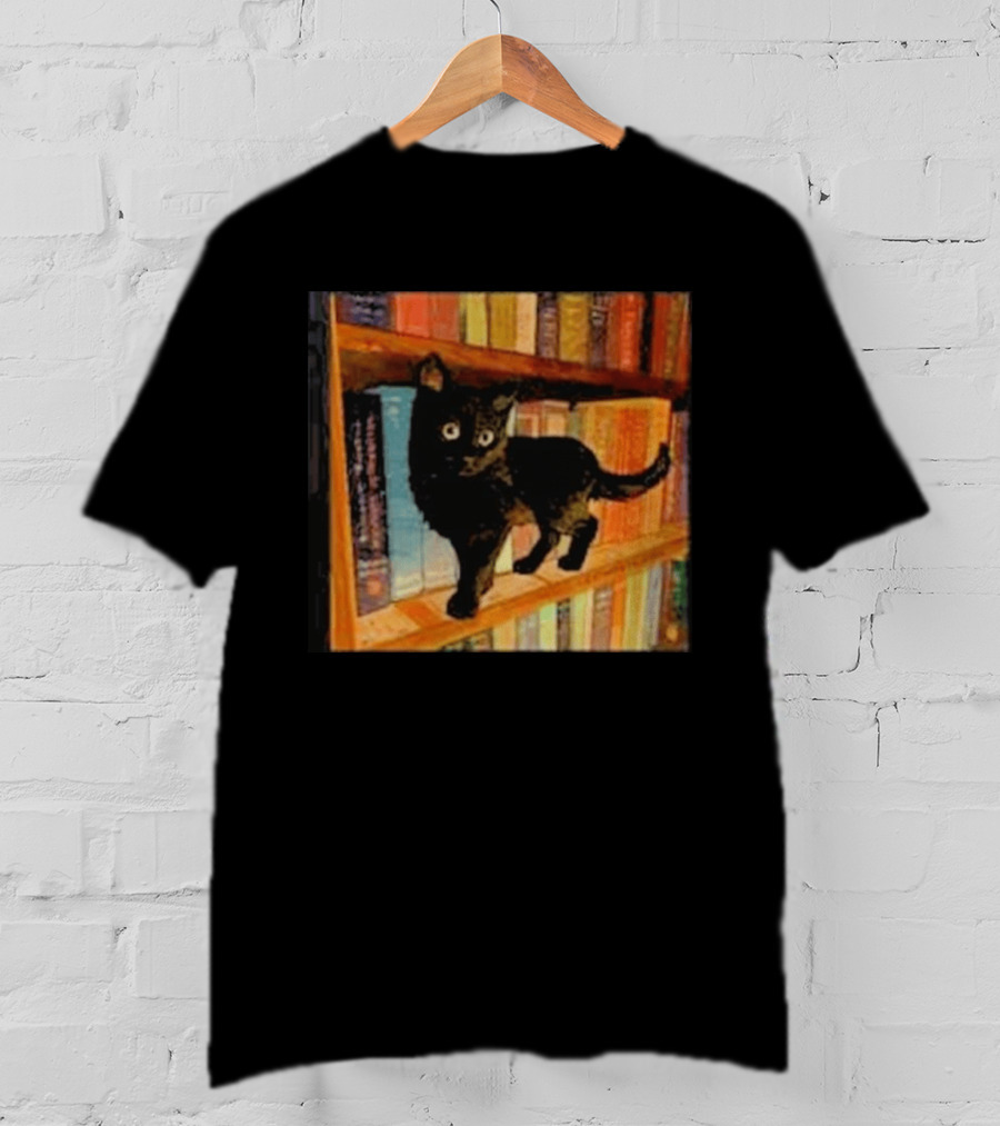 Black Cat On Bookshelf With Colorful Books T-Shirt