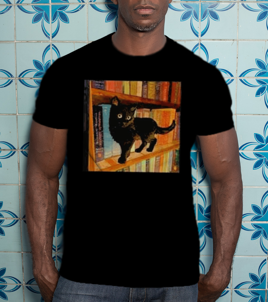 Black Cat On Bookshelf With Colorful Books T-Shirt