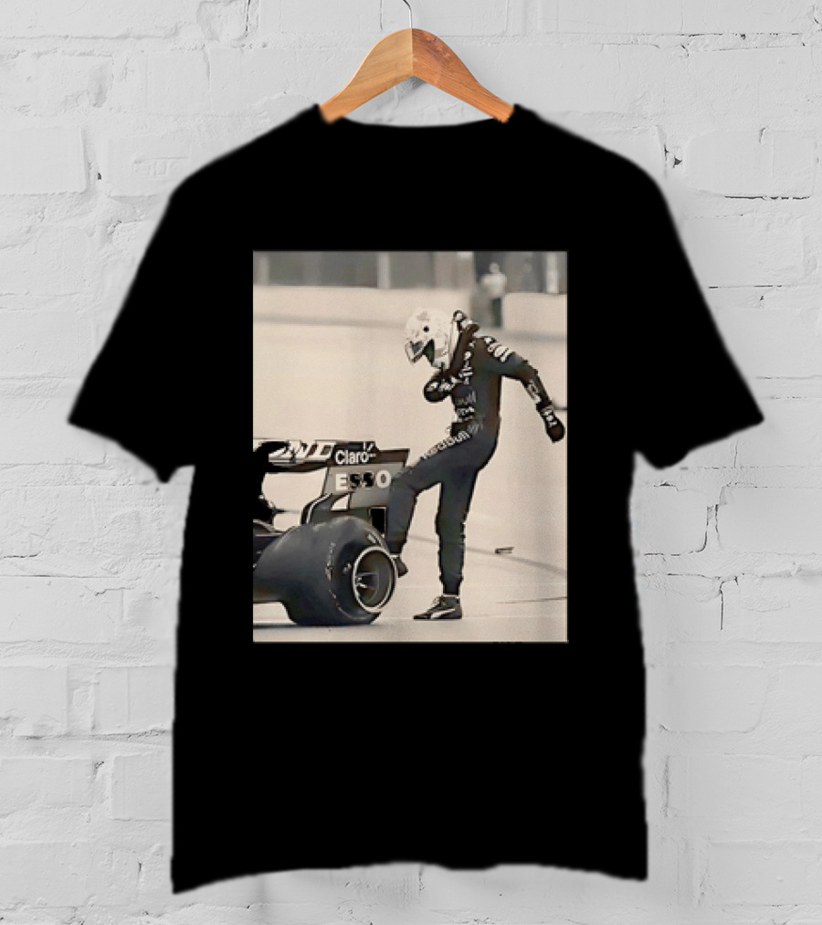 Max Verstappen Kicks Racing Tire Trackside In Racing Suit T-Shirt