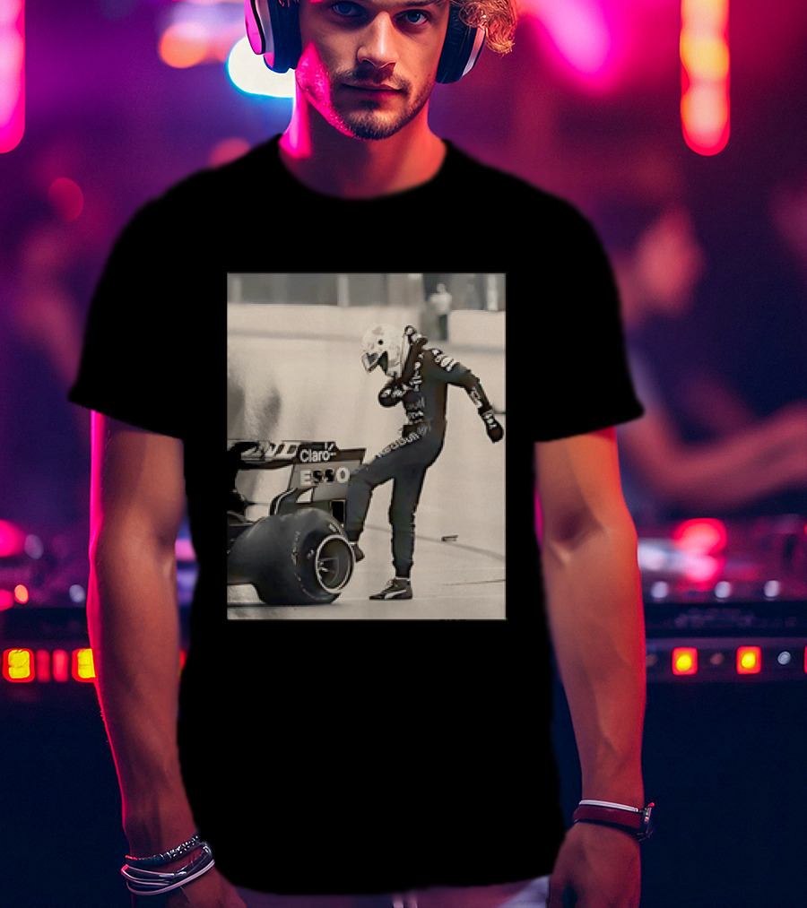 Max Verstappen Kicks Racing Tire Trackside In Racing Suit T-Shirt