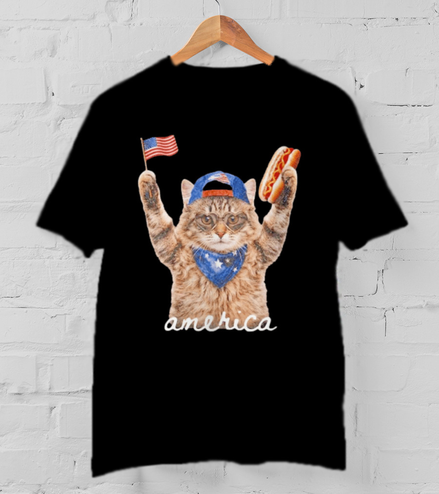 Patriotic Cat American Flag Hot Dog America Fourth Of July Celebration T-Shirt