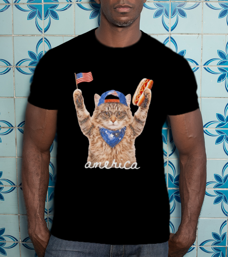 Patriotic Cat American Flag Hot Dog America Fourth Of July Celebration T-Shirt