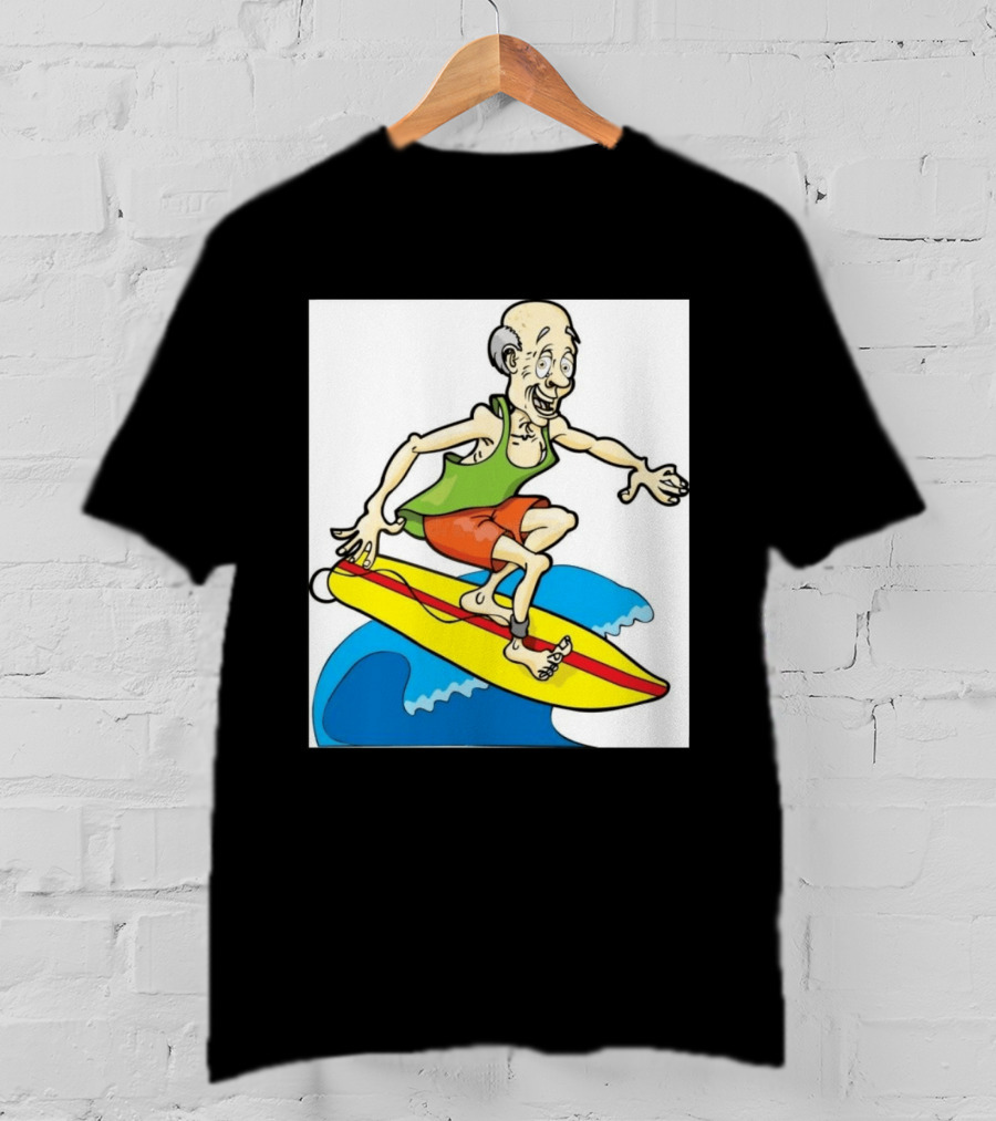 Retired Man Surfing Funny Cartoon Boomer On Yellow Board With Blue Waves T-Shirt