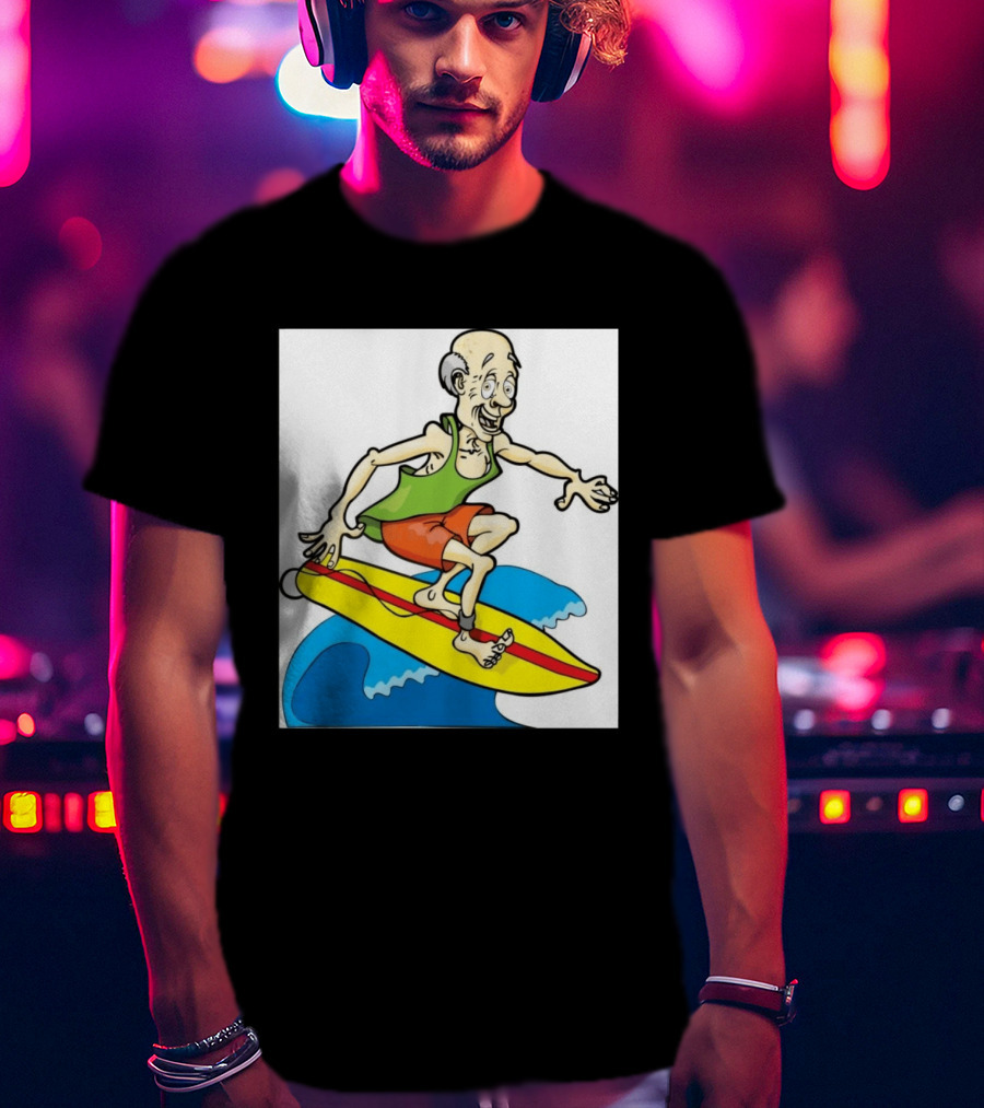 Retired Man Surfing Funny Cartoon Boomer On Yellow Board With Blue Waves T-Shirt