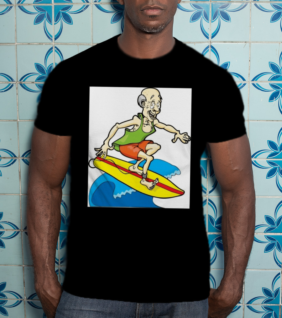 Retired Man Surfing Funny Cartoon Boomer On Yellow Board With Blue Waves T-Shirt