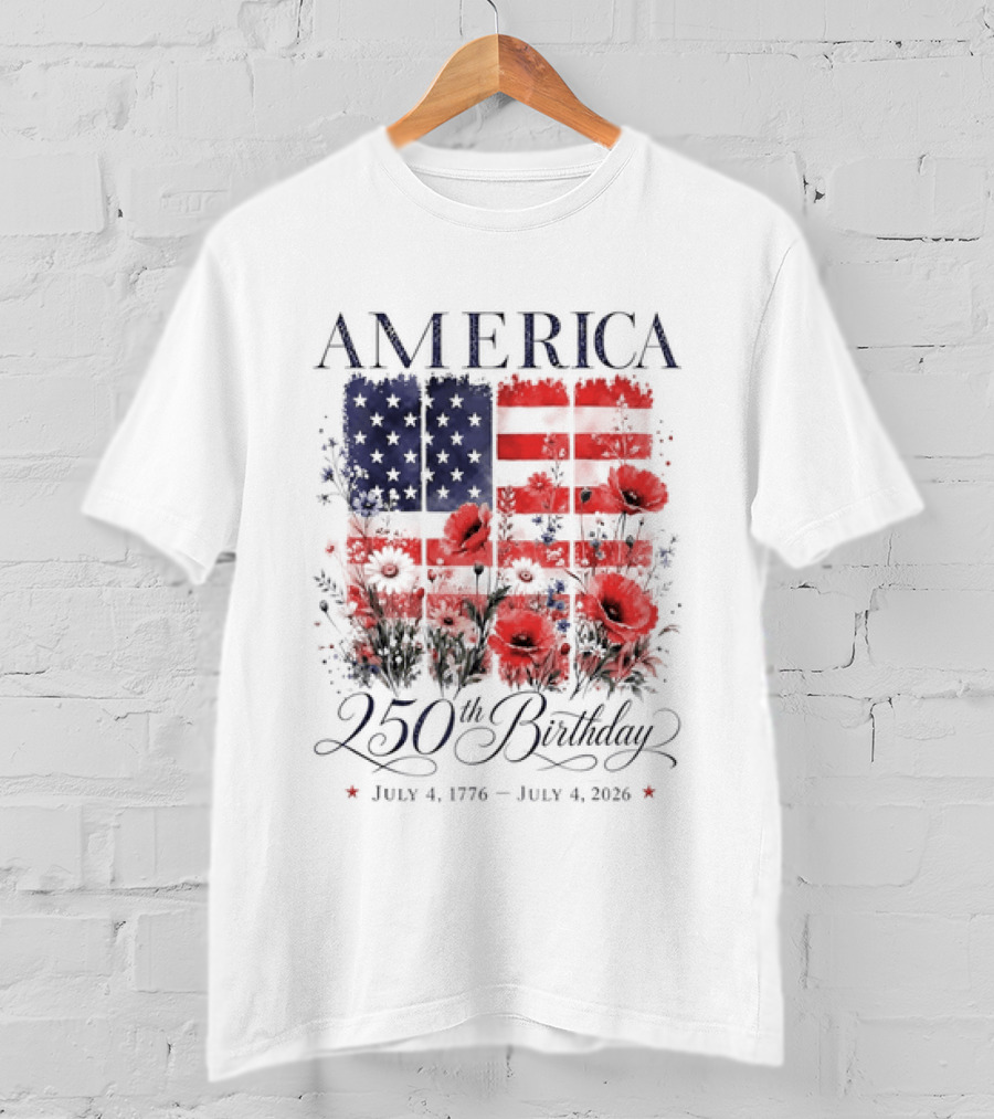 America 250th Birthday July 4 1776 2026 Floral Flag T-Shirt