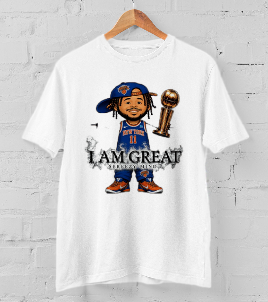 New York Knicks Jalen Brunson I Am Great Big Head Stick Hand Trophy T-Shirt