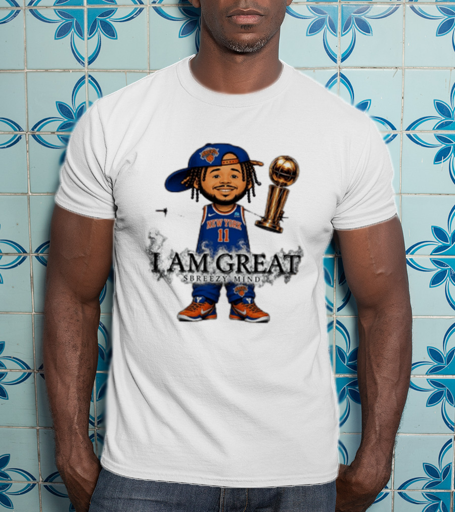 New York Knicks Jalen Brunson I Am Great Big Head Stick Hand Trophy T-Shirt