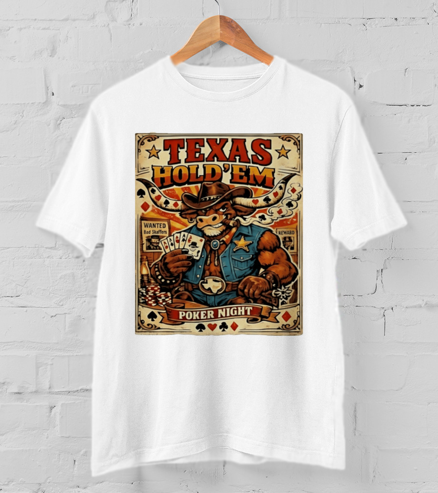 Texas Hold'em Poker Night Cowboy Bull Playing Cards Wanted Bad Skaffers T-Shirt