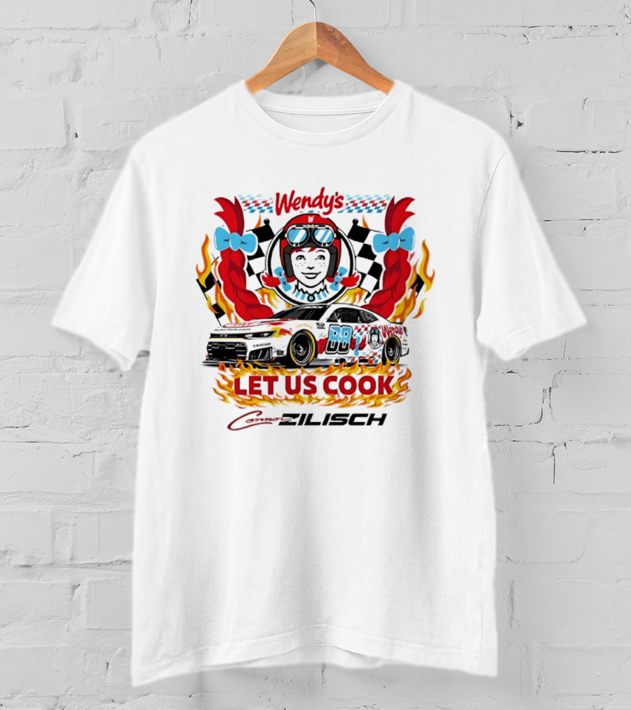 Wendy's Let Us Cook Connor Zilisch Racing Car Flames And Checkered Flag T-Shirt