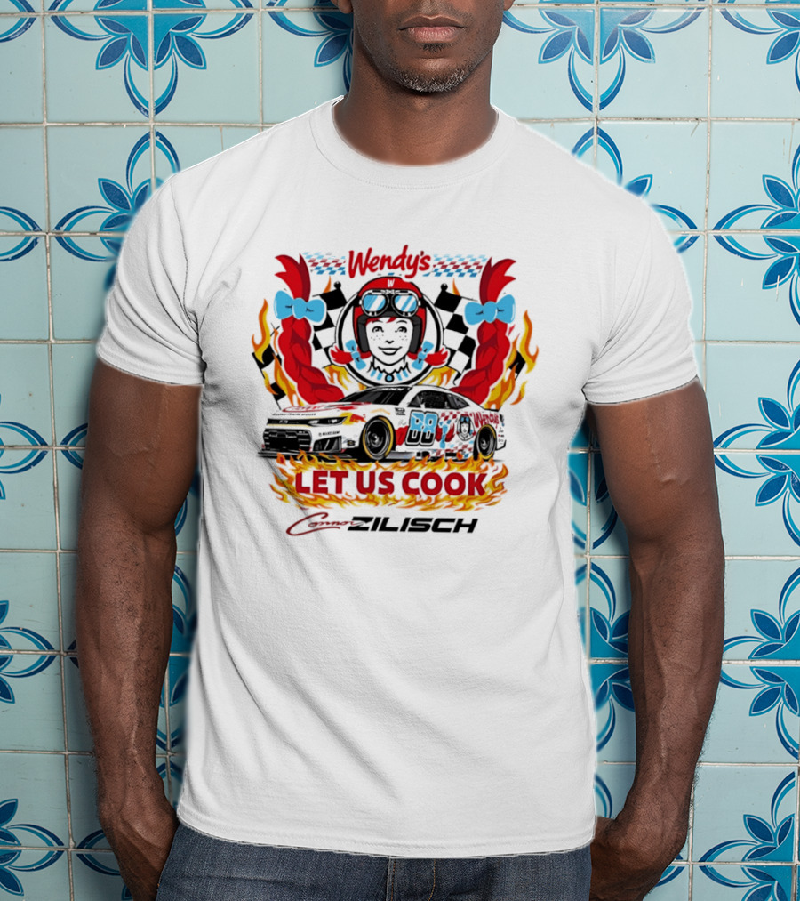 Wendy's Let Us Cook Connor Zilisch Racing Car Flames And Checkered Flag T-Shirt