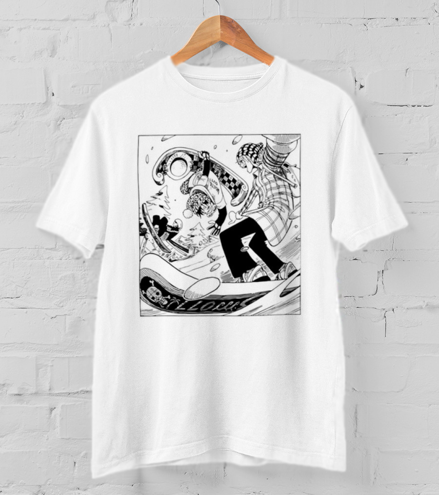Snowboarding One Piece Crew Manga Style Action White Out Winter Scene T-Shirt
