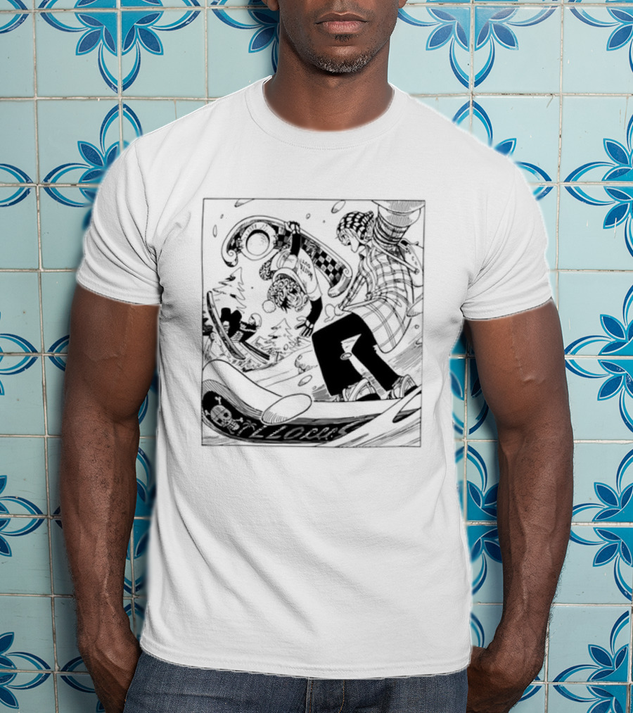 Snowboarding One Piece Crew Manga Style Action White Out Winter Scene T-Shirt
