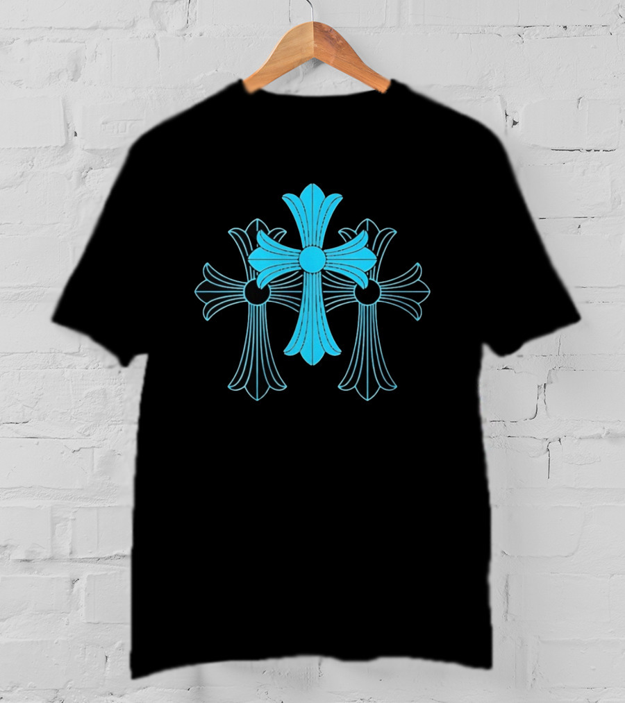 Blue Chrome Heart Cross Luxury Fashion Streetwear T-Shirt