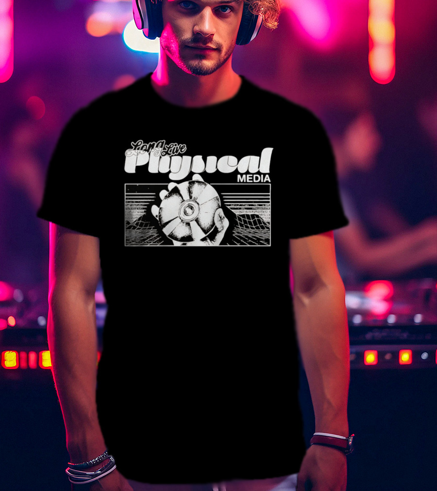 Long Live Physical Media Hand Holding Compact Disc T-Shirt