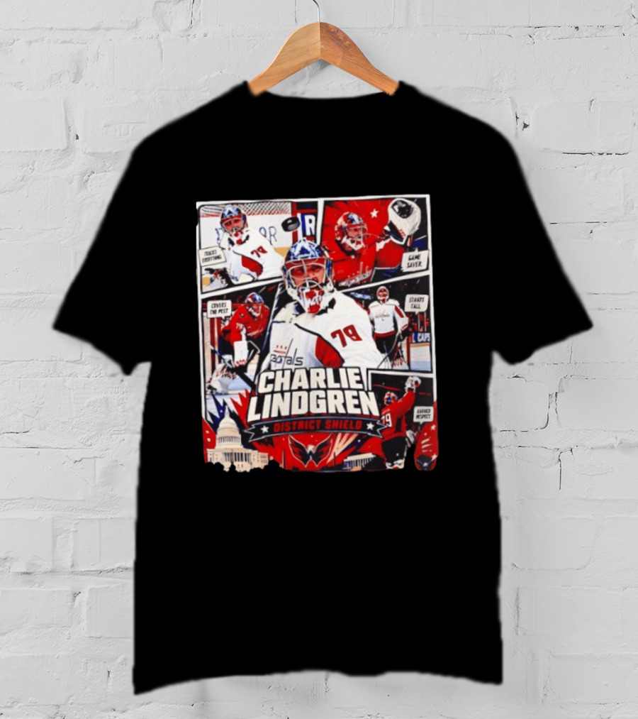 Charlie Lindgren Capitals District Shield Comic Style Hockey Action T-Shirt