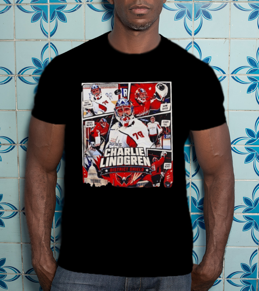 Charlie Lindgren Capitals District Shield Comic Style Hockey Action T-Shirt