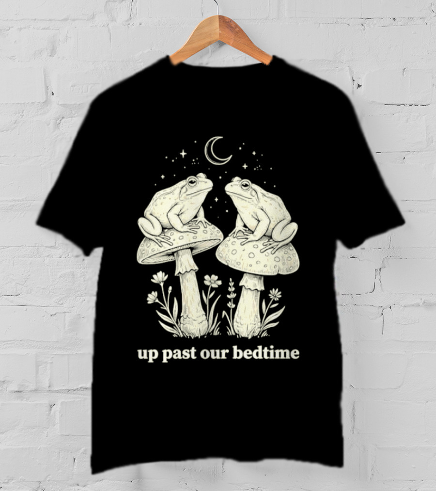 Two Frogs On Mushrooms Up Past Our Bedtime Night Sky Moon Stars T-Shirt