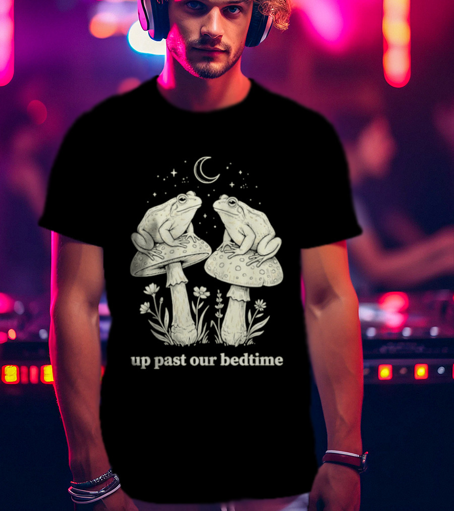 Two Frogs On Mushrooms Up Past Our Bedtime Night Sky Moon Stars T-Shirt