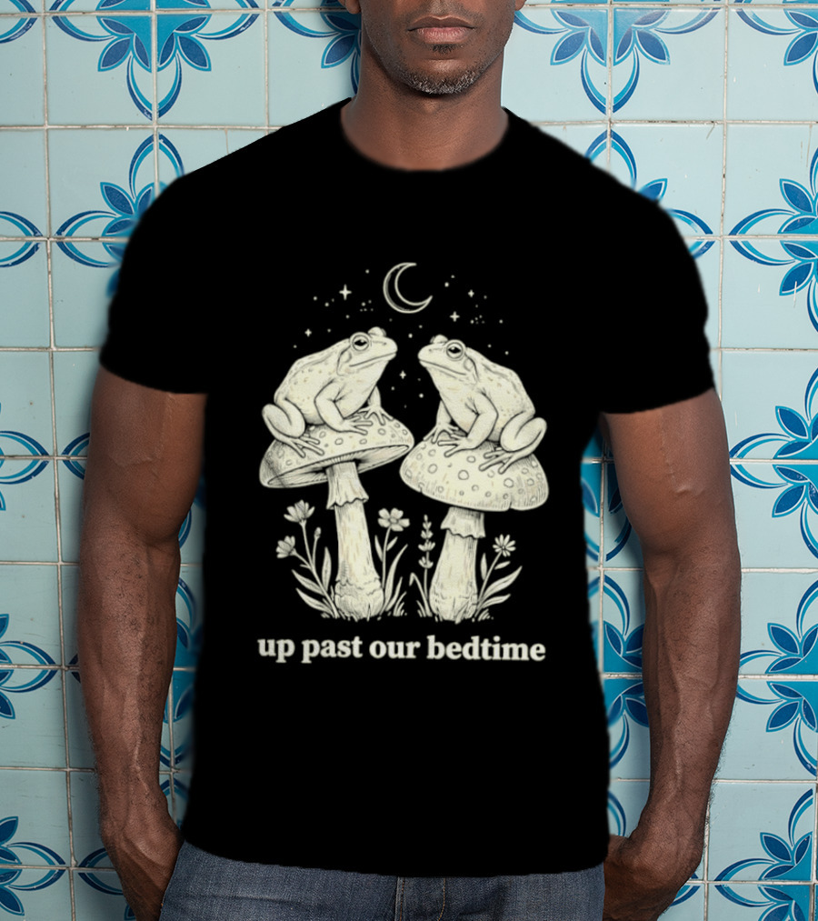 Two Frogs On Mushrooms Up Past Our Bedtime Night Sky Moon Stars T-Shirt