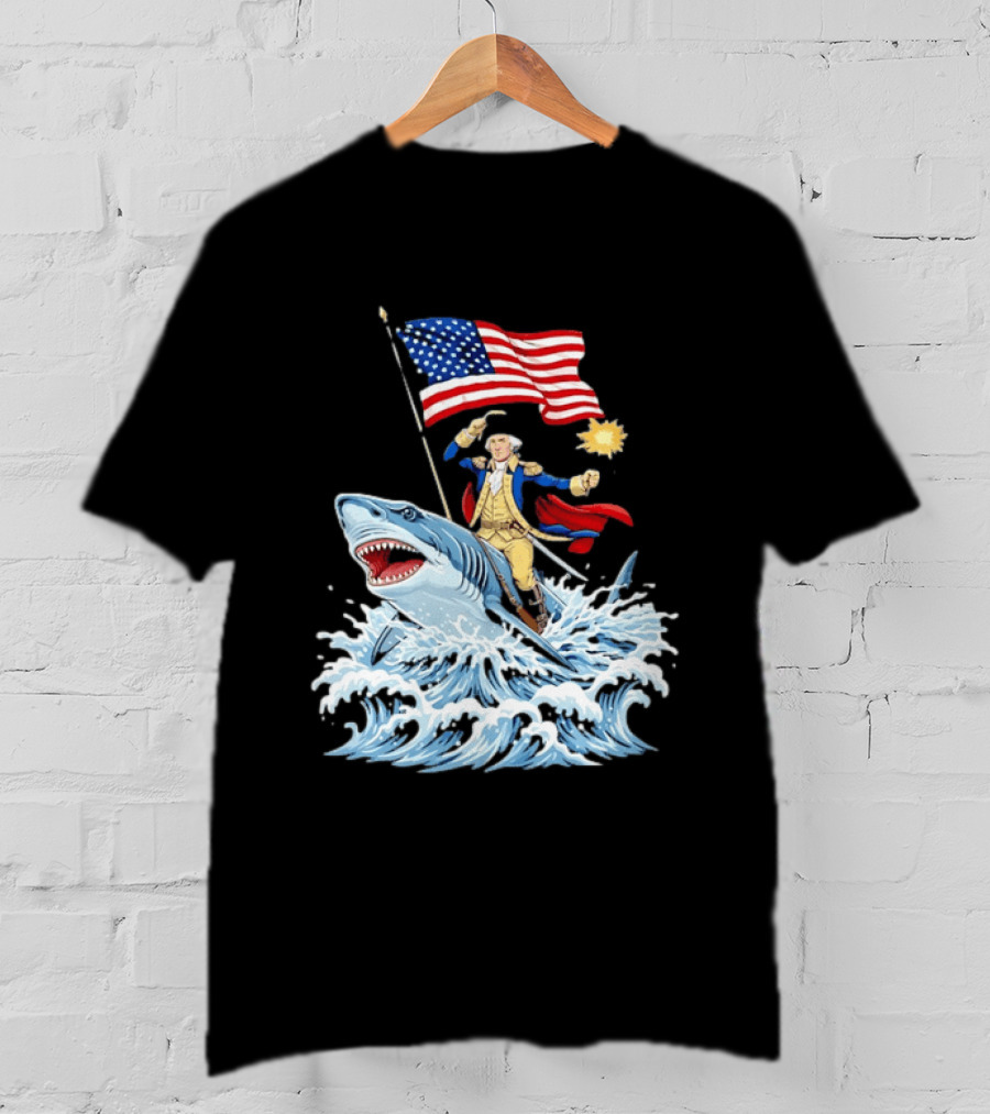 Shark Riding George Washington With American Flag Patriotic 4th Of July T-Shirt