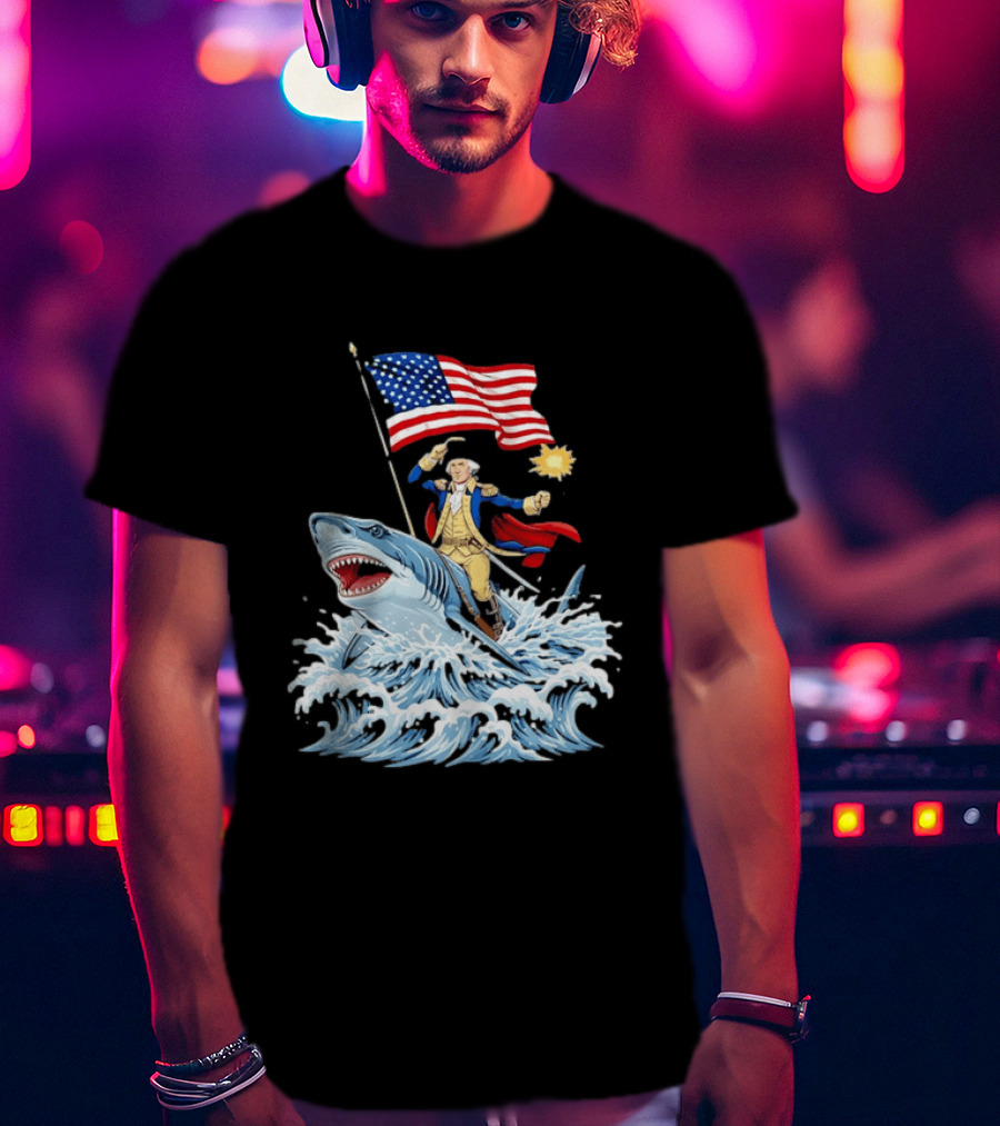 Shark Riding George Washington With American Flag Patriotic 4th Of July T-Shirt