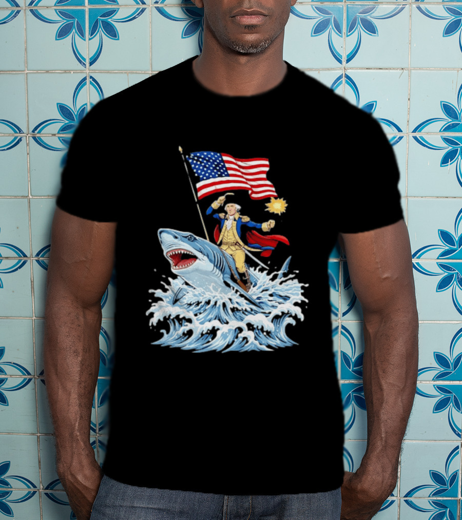 Shark Riding George Washington With American Flag Patriotic 4th Of July T-Shirt