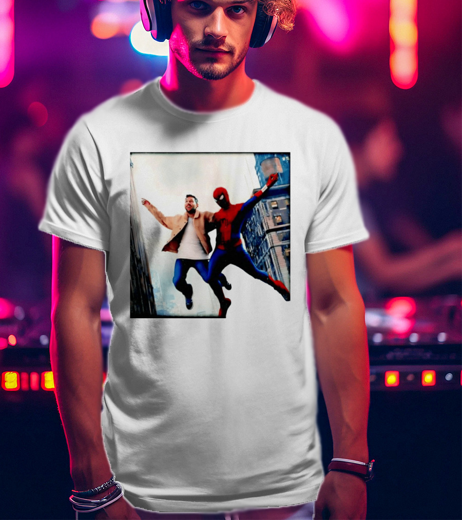 Lionel Messi And Spider Man Jump In City Marvel Cinematic Universe T-Shirt