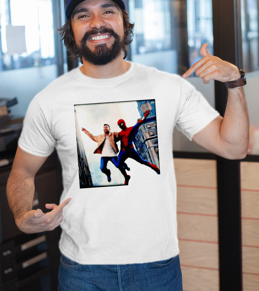 Lionel Messi And Spider Man Jump In City Marvel Cinematic Universe T-Shirt