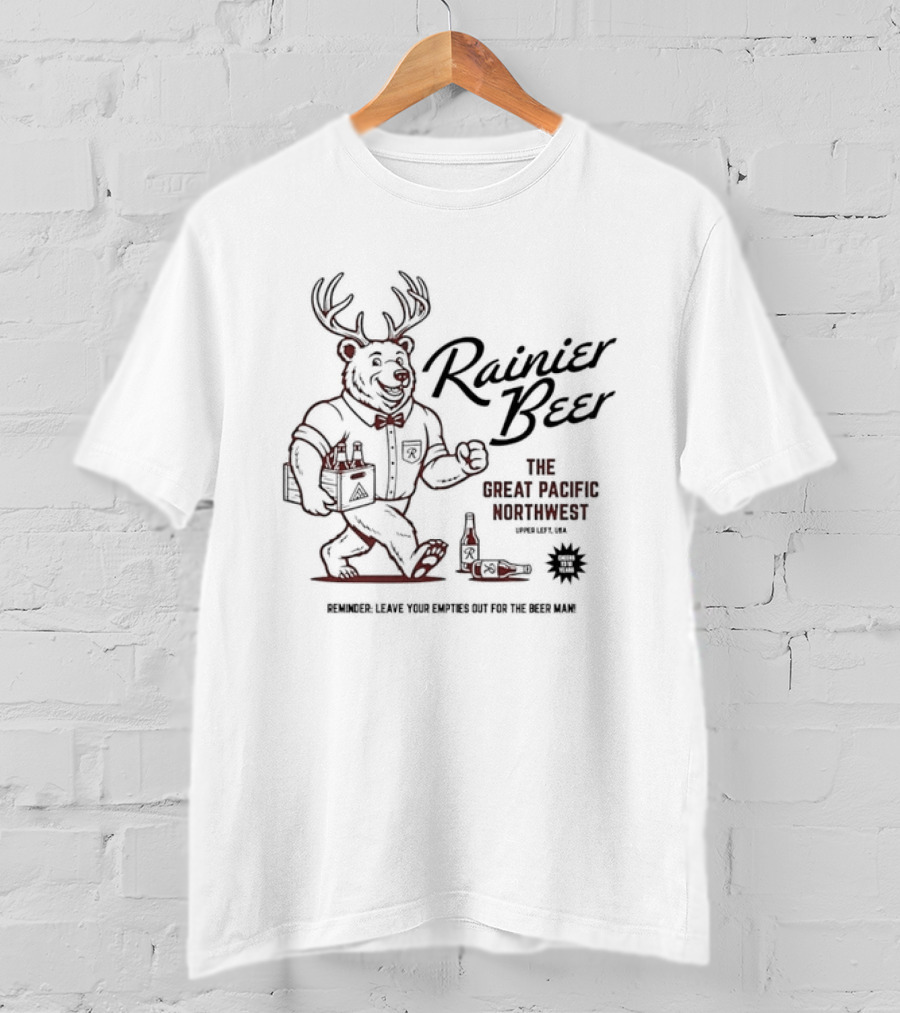 Rainier Beer Jackalope Bear Great Pacific Northwest Explore Legend Of The Sasquatch T-Shirt